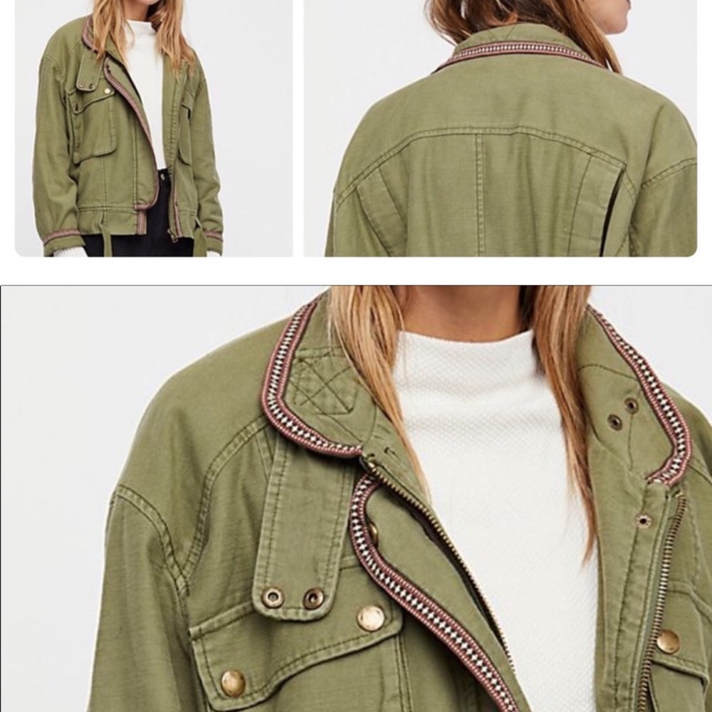 Free People Army Green Embroidered Jacket